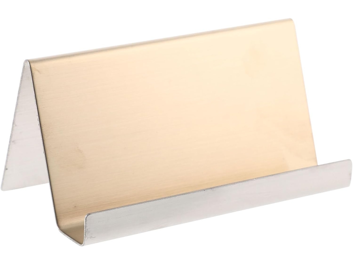 Soporte metálico de escritorio para tarjetas de visita con base robusta y diseño elegante.