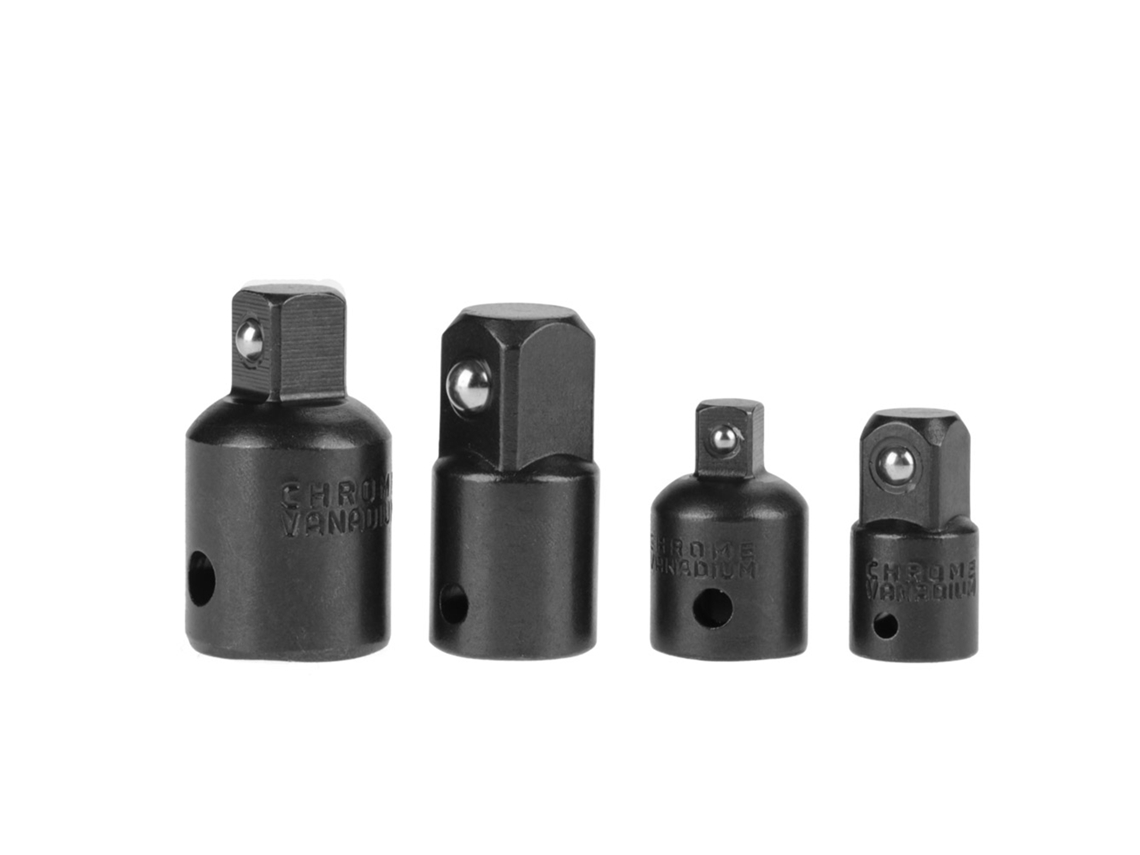 4 Adaptadores Reductores De Vaso De Acero Cromo-vanadio Negro De 1/2", 3/8" Y 1/4" A Llave Inglesa.