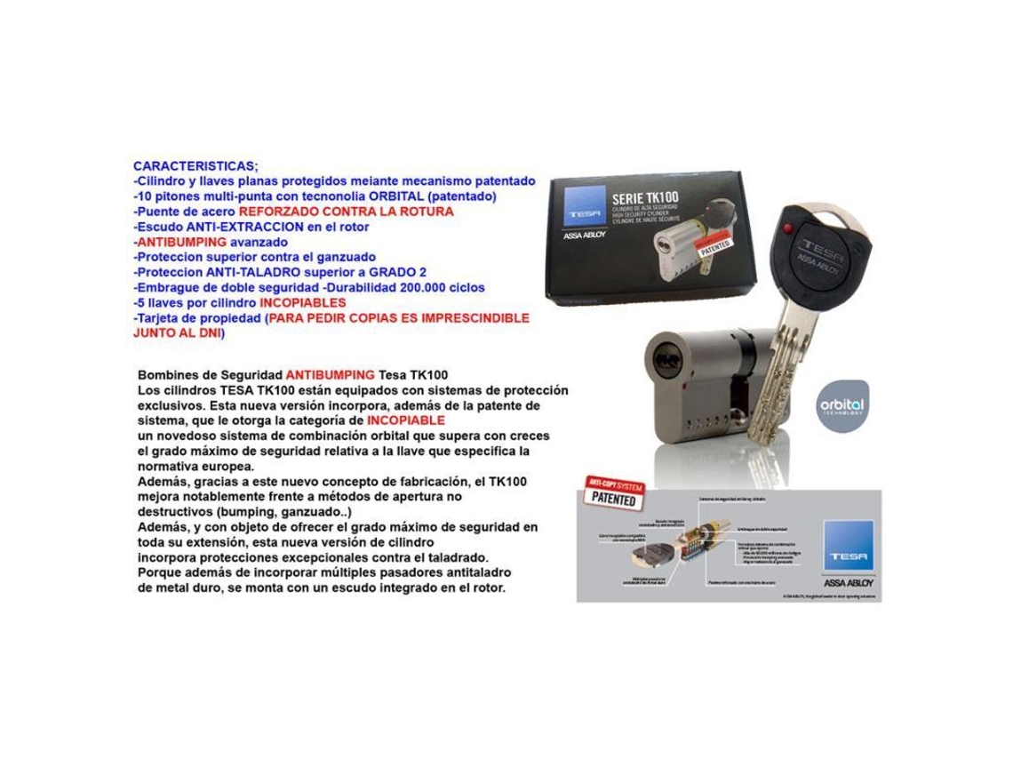 Tesa cilindro alta seguridad tk 100 30x40  ln r15 leva larga
