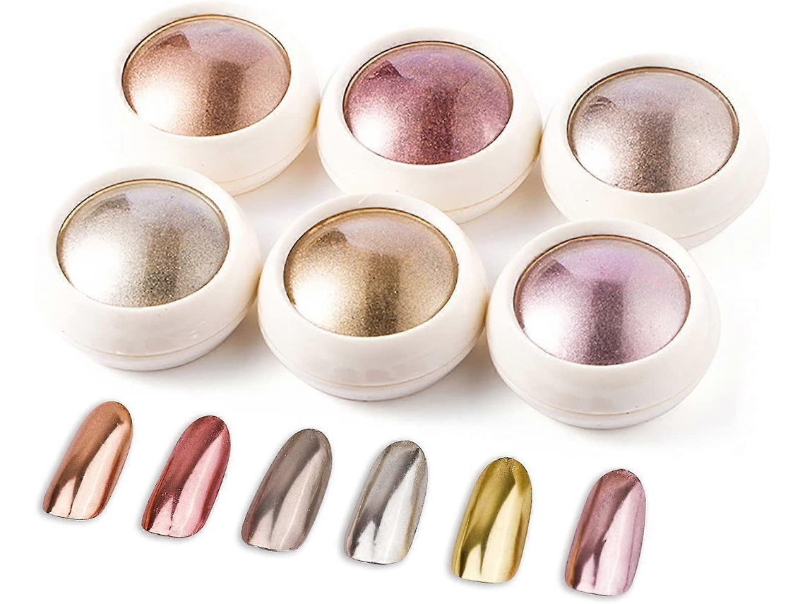 Conjunto de 6 pós cromados para unhas na cor rosa dourado, pigmentos metálicos para manicure.