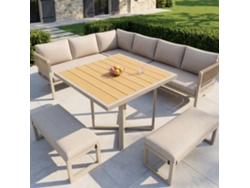 Conjunto De Jardín 8-10 Personas Con Mesa Grande, Madera Plástica, Sofá De Cuerda, Patas Ajustables Y Cojines Beige
