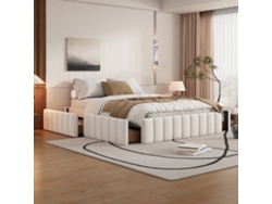 Estructura De Cama Beige De 140x200 Con Somier De Láminas, Sin Cabecero, Estilo Minimalista.