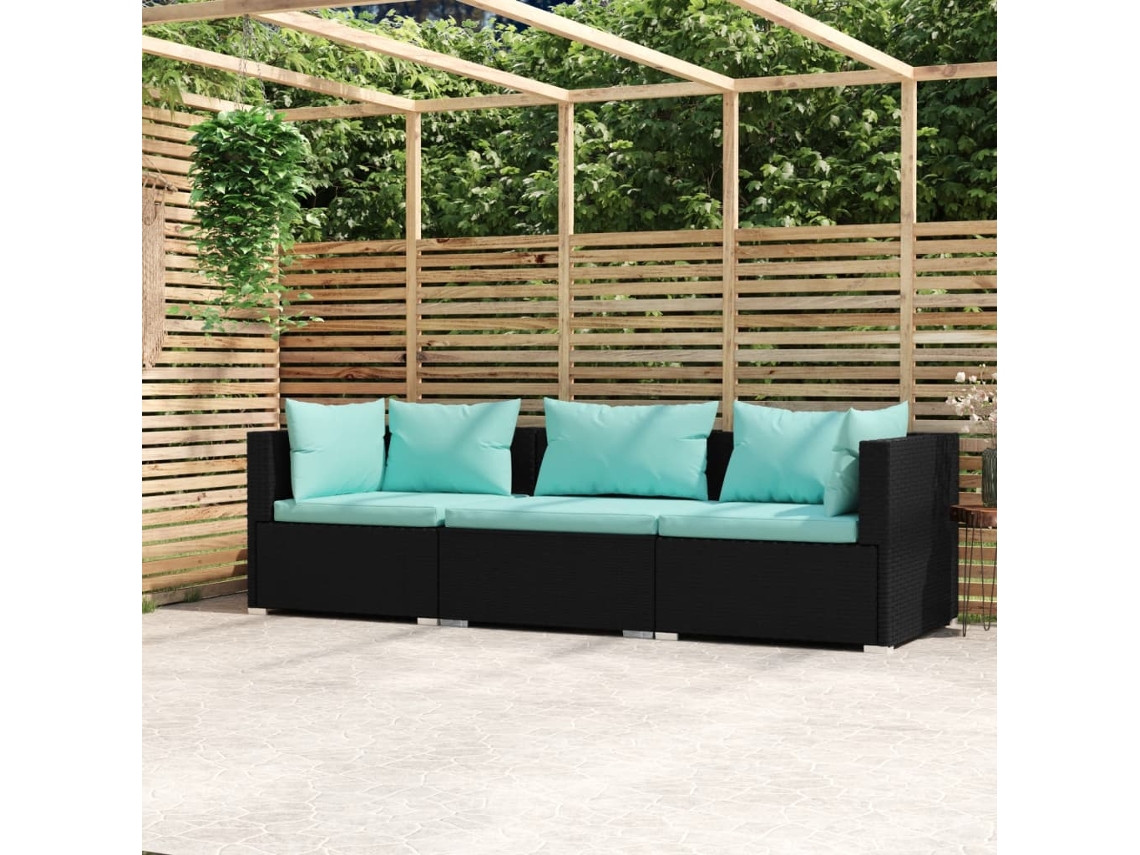 Sofá de mimbre de 3 plazas con cojines en negro, Dkd Home Decor