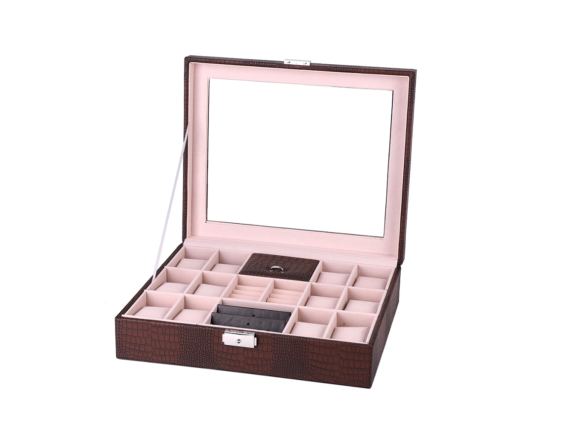 Organizador de joyas con compartimentos visibles, de vidrio acrílico.