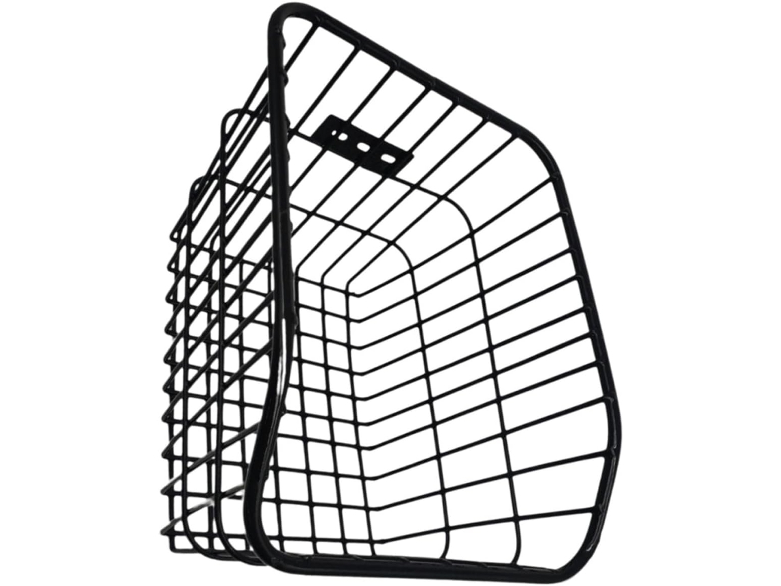 Cesta trasera para bicicleta de metal negro resistente con gancho de sujeción, plegable e ideal para transportar equipaje.
