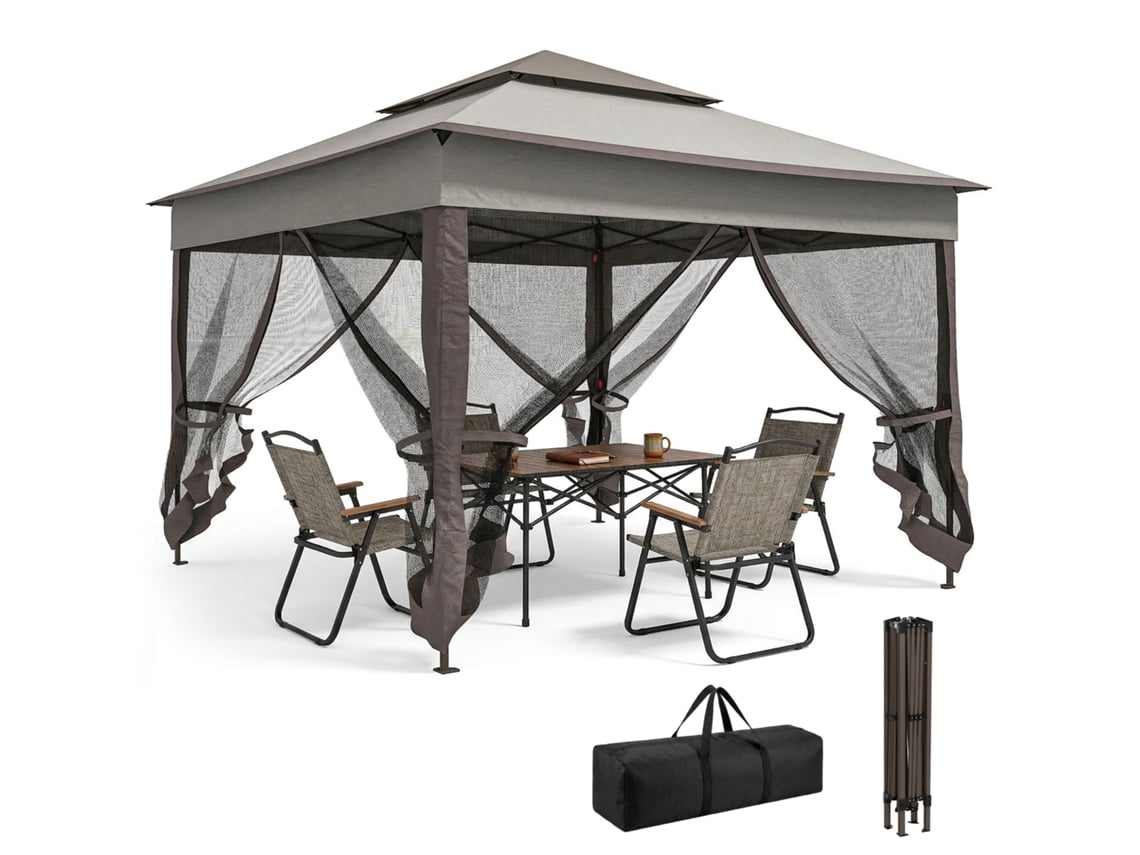 Cenador plegable de 3,3 x 3,3 m con 4 paredes, mosquitera y bolsa anti-UV, color gris.