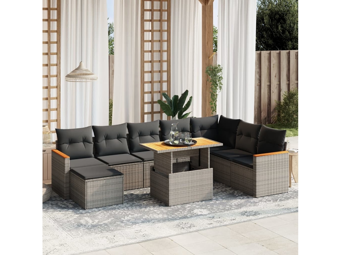 Conjunto de sofá de jardín de 9 piezas con cojines, mimbre gris, DKD Home Decor