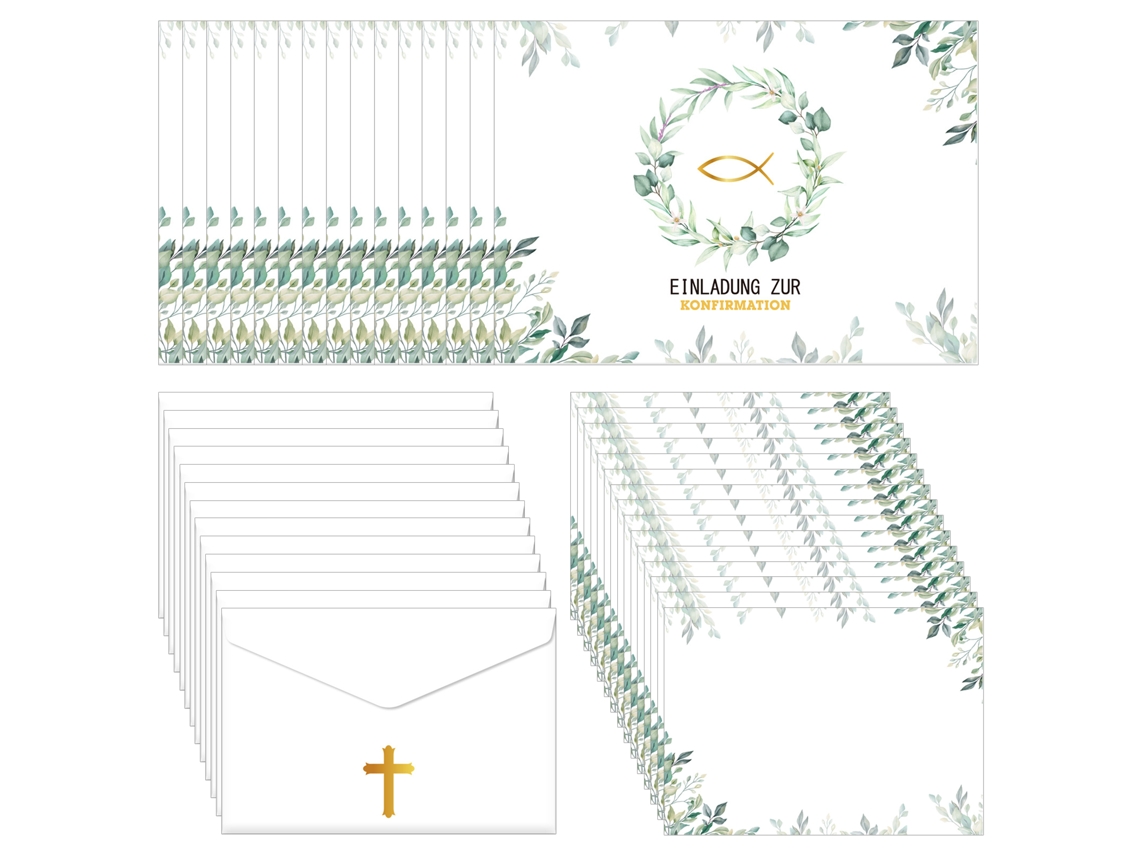 15 tarjetas de invitación para Primera Comunión con 15 sobres, tarjetas de confirmación de papel con diseño de peces dorados, 10,5 x 14,8 cm, invitación verde para Primera Comunión