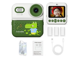 Cámara infantil modelo 2026, cocodrilo verde, doble cámara HD, tarjeta imprimible de 64 GB + lector de tarjetas YUNZII (con 4 rollos de papel de colores).