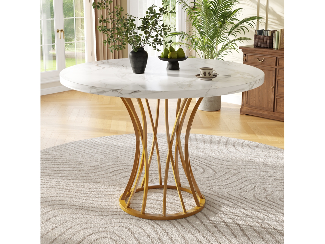 Mesa de comedor redonda, ligera y lujosa, con textura de mármol y patas doradas, HONGRUI TECH (80x80x76 cm).