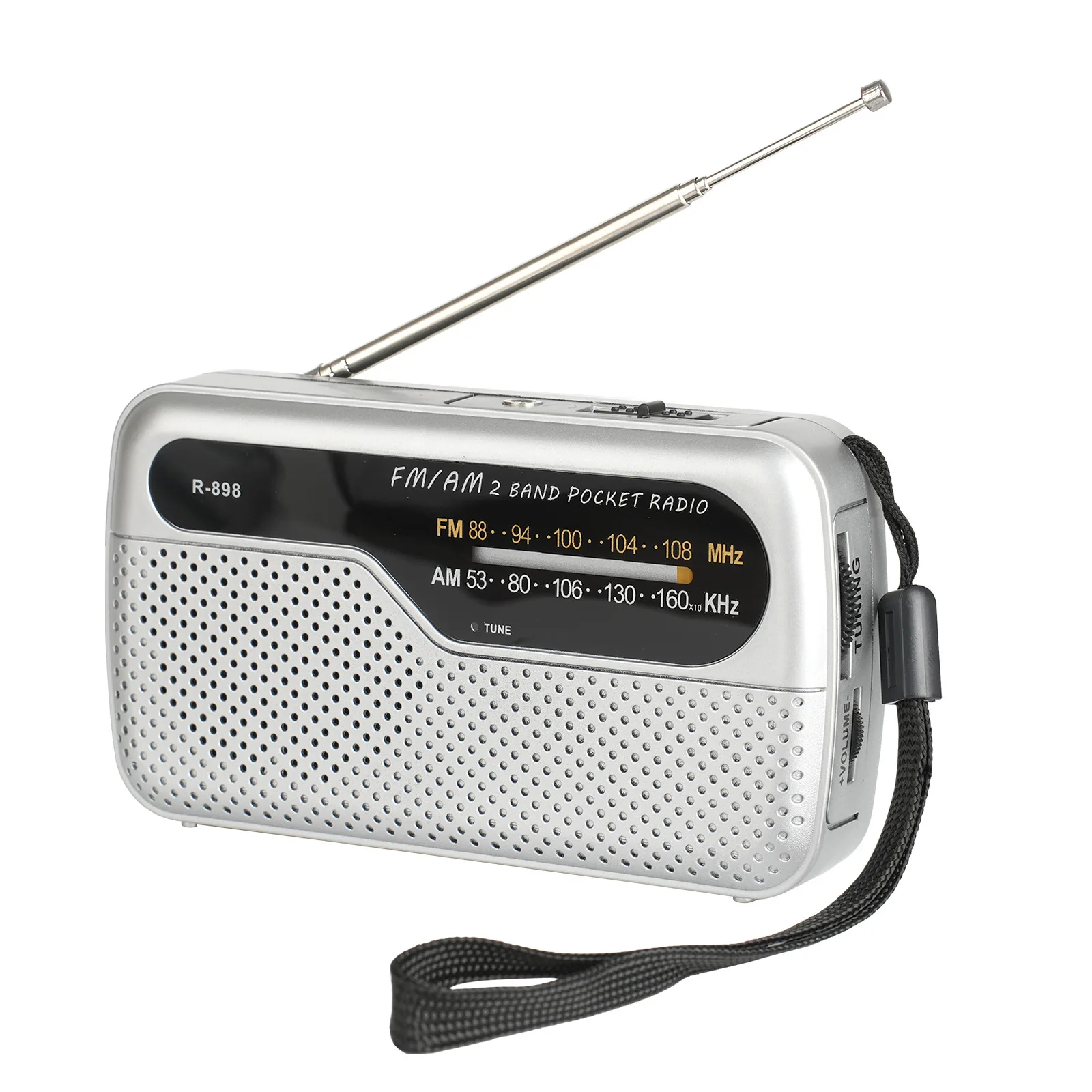 (plata) Radio Fm/am, Funciona Con Pilas, Alta Sensibilidad, Altavoz Incorporado, Con Antena Giratoria, Conector Para Auriculares De 3,5 Mm