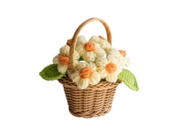 Pequeña cesta de flores amarillas de ganchillo para decoración de mesa