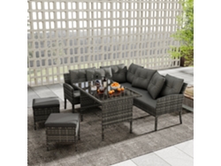 Set Lounge Jardín 7 Plazas, Sofá + Mesa + Puff, Ratán Poliéster Gris, Cojines Con Fundas Extraíbles Y Lavables