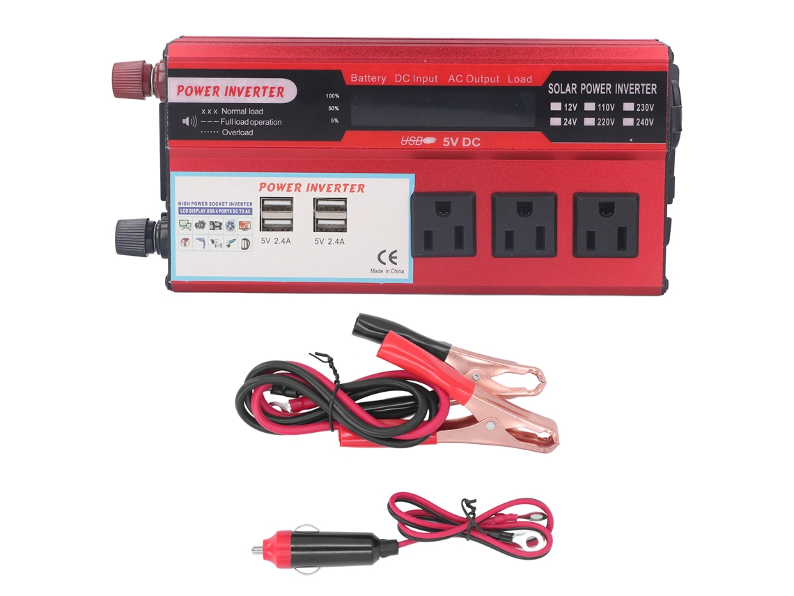 Inversor para coche de 500 W con 3 tomas de corriente, 4 puertos USB, pantalla LCD y convertidor de CC a CA de onda sinusoidal modificada.