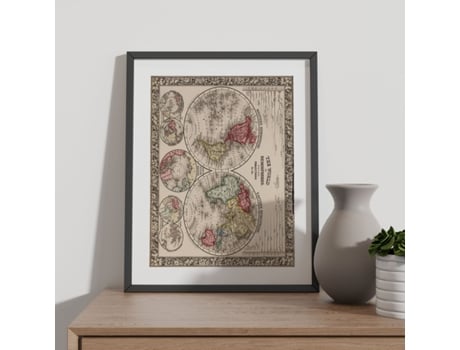NACNIC Pósters Geográficos En Estilo Vintage El Mundo En Hemisferios Ilustraciones De Antiguos Mapamundis En Tonos Sepia Tamaño A3, Con Marco Blanc...