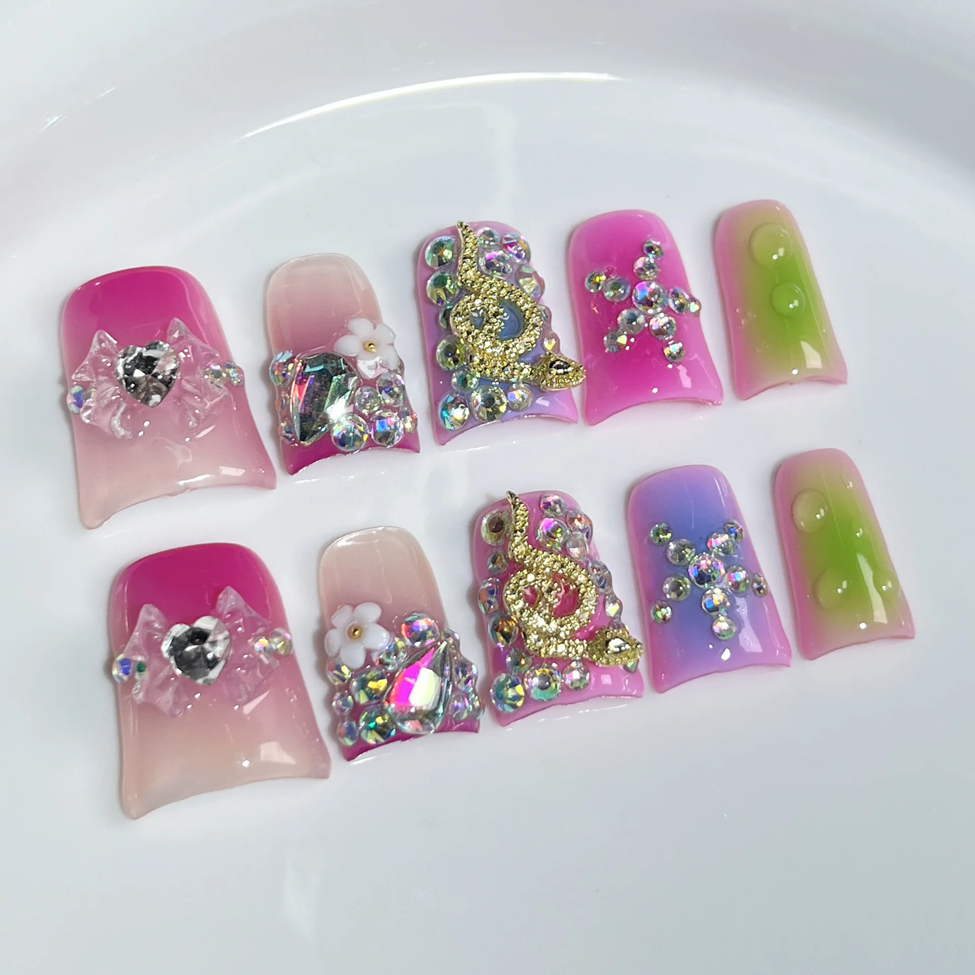 (523-s) 10 Pegatinas De Uñas Postizas Hechas A Mano Con Forma De Pico De Pato Rosa