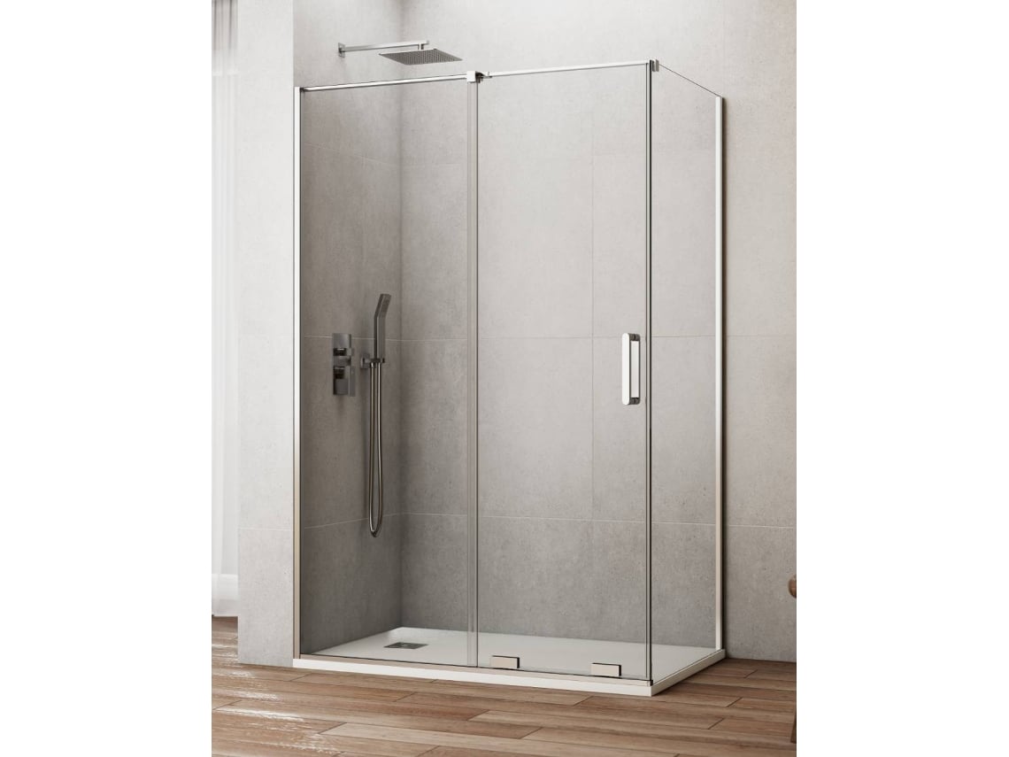 Mampara de ducha Cirene (Kenna) 1+1 con panel lateral fijo de 110x75 cm y barra paralela cromada.