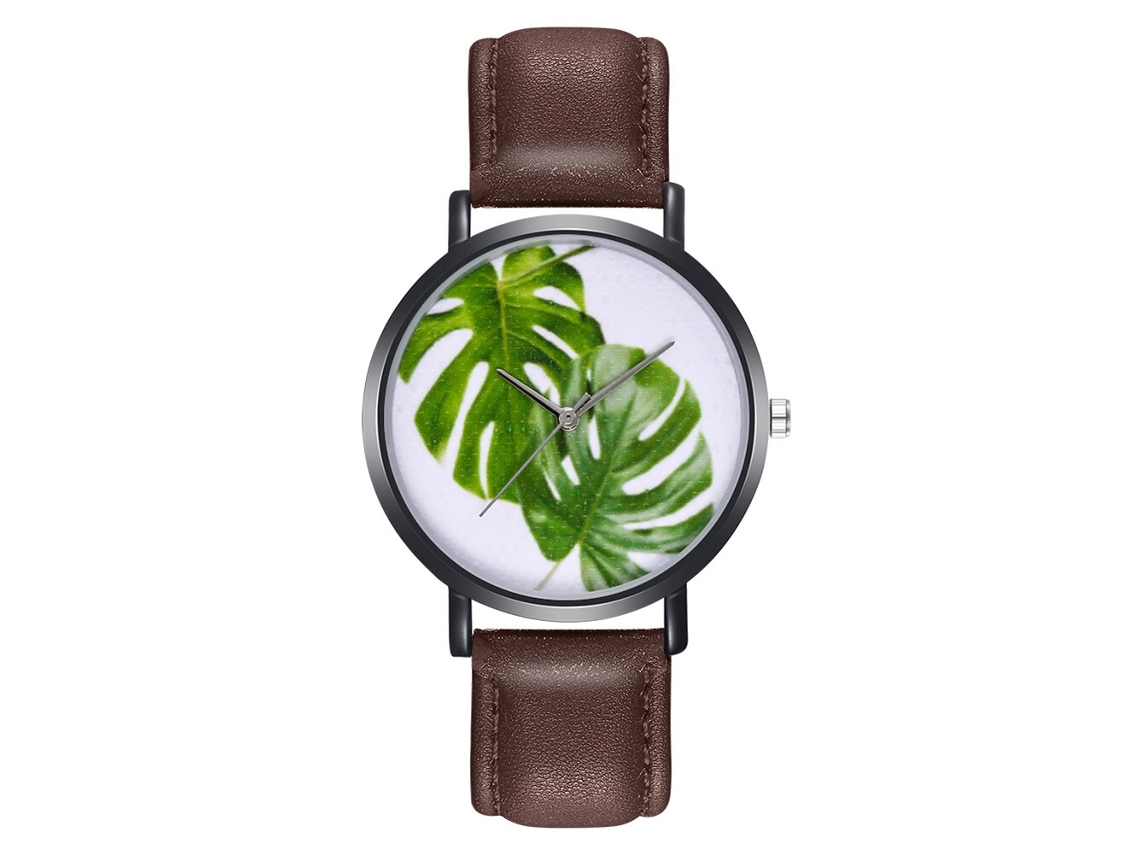 Reloj De Pulsera Unisex Zhoulianfa De Piel Sintética Con Sencillo Estampado De Hojas De Café.