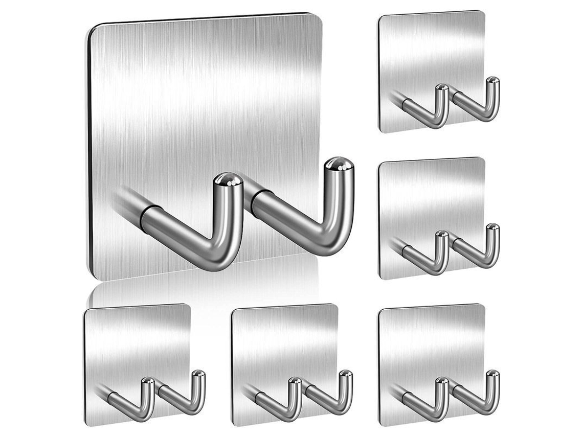 6 ganchos adhesivos de acero inoxidable de primera calidad para baño y cocina con doble gancho, resistentes hasta 15 libras.