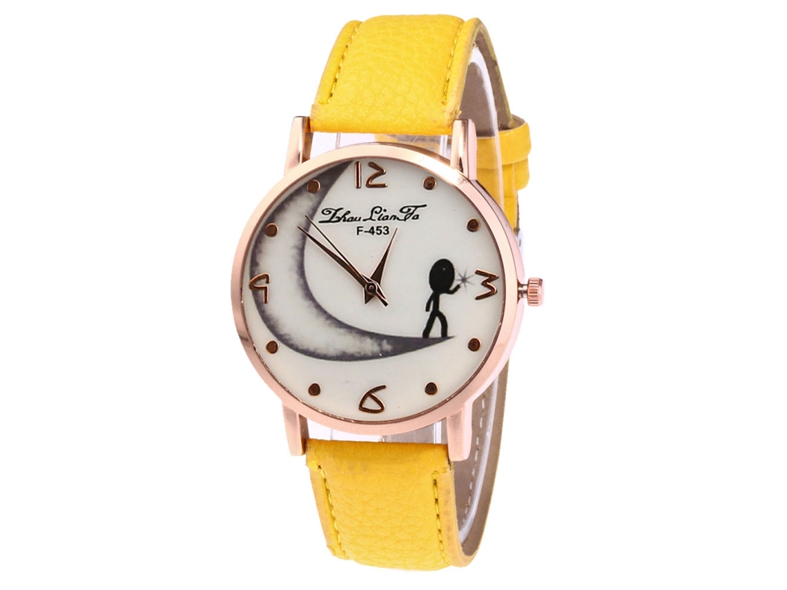 Reloj Analógico De Cuarzo Con Correa Pu Para Mujer Y Hombre Dial Luna Amarillo