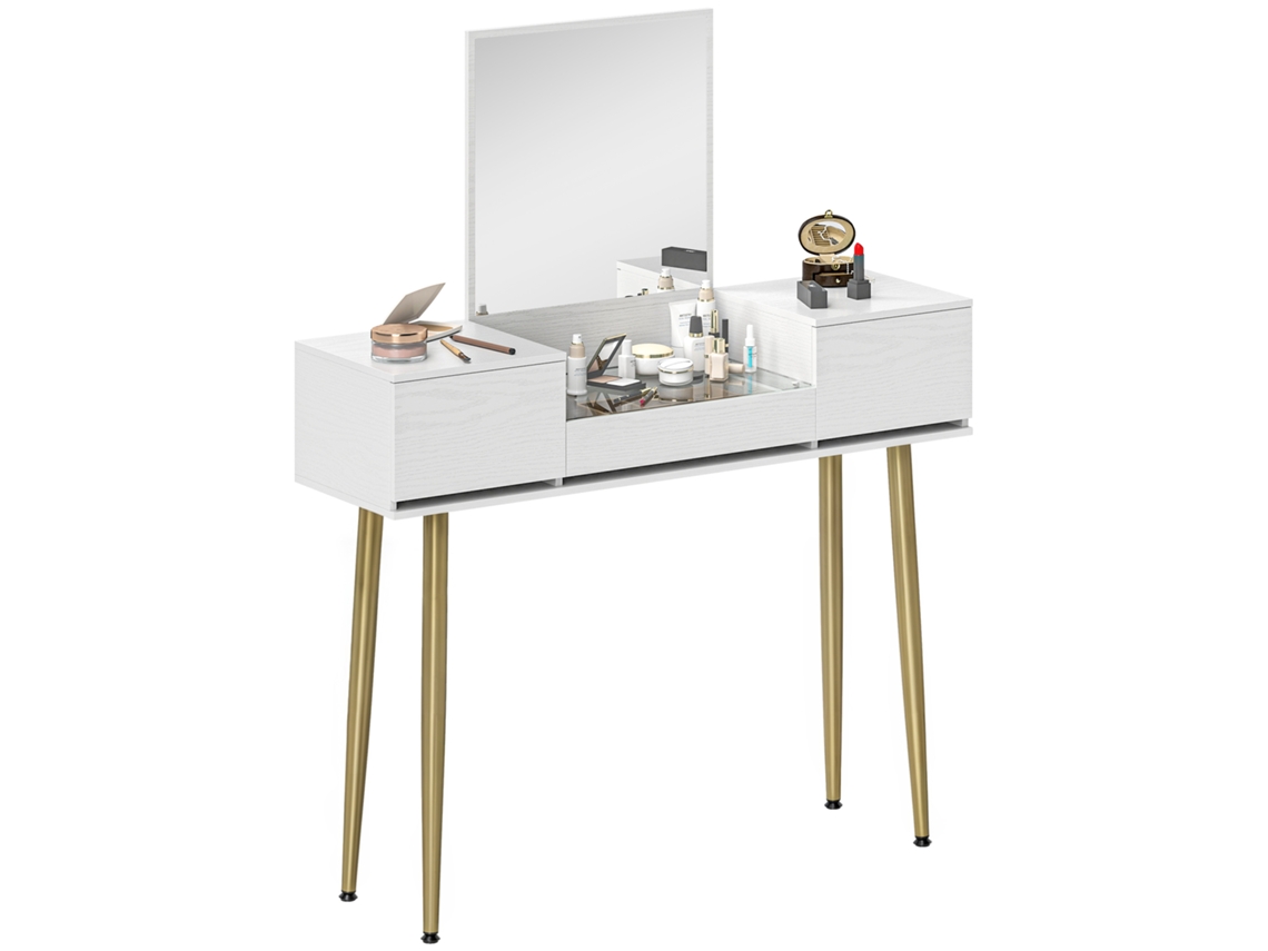 Tocador Cuadrado Con Espejo, 105x30x130cm, Blanco Y Dorado.