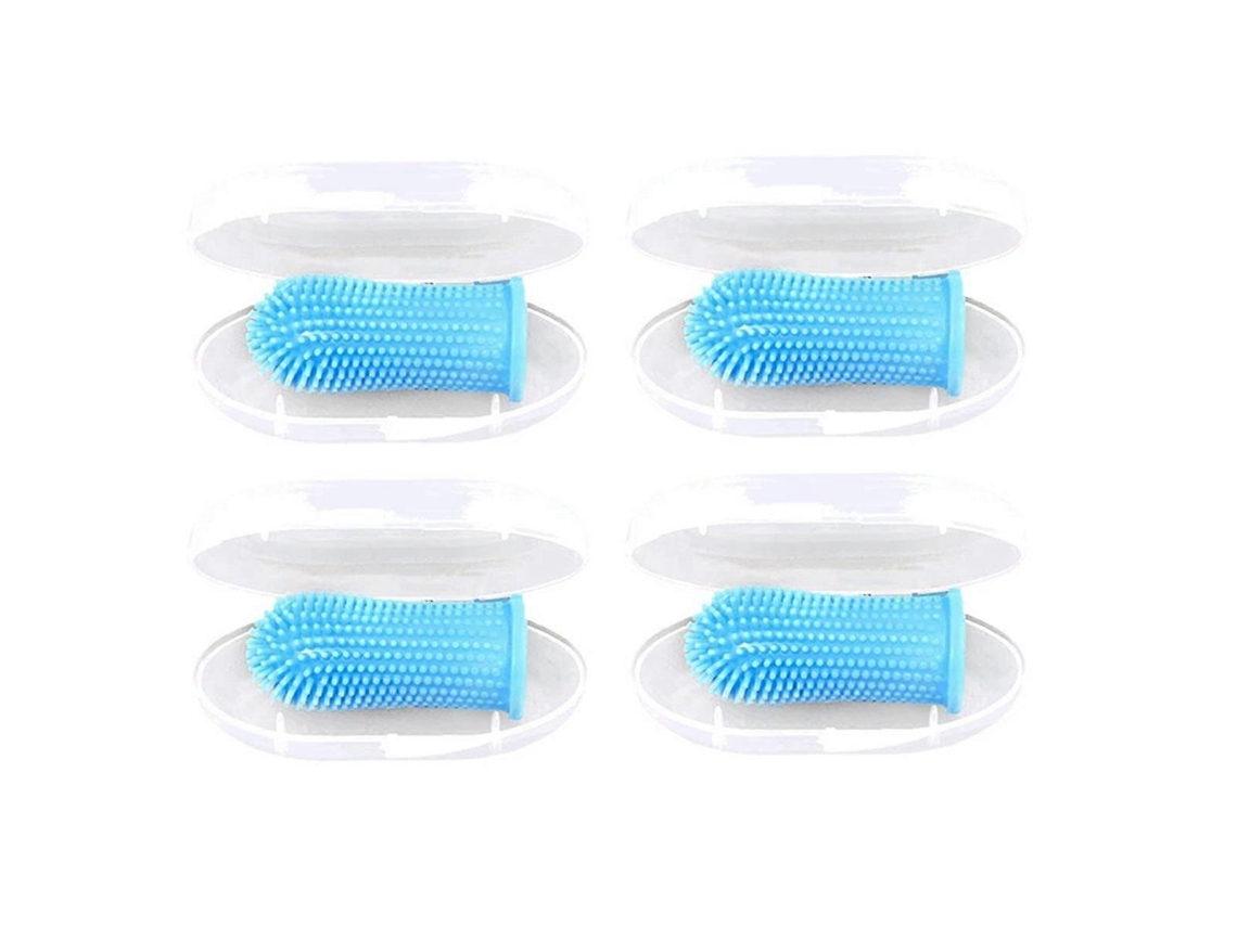 Escova de dentes para cães, kit com 4 escovas de dedo 360°, design ergonômico, cerdas macias, azul.