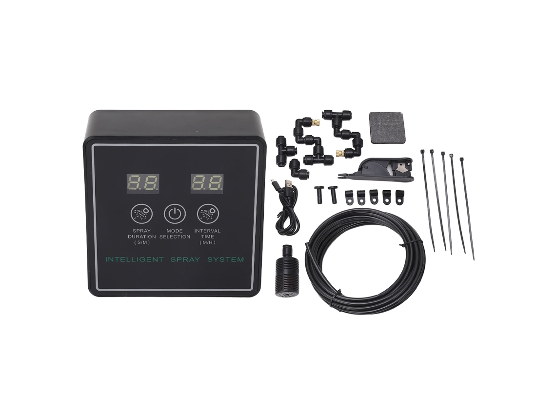 Sistema inteligente de nebulización para reptiles con humidificador automático, boquillas ajustables de 360°, ideal para terrarios.