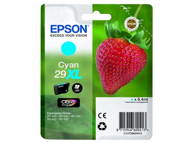 Cartucho de tinta original EPSON, 29, Fresa 6,4 ml , Cian, Alta, XL, C13T29924022, T2992