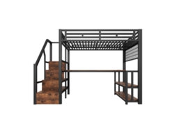 Cama alta de 140x200 cm - Estructura de hierro, escritorio, iluminación LED, estantería, USB/Tipo-C - Negra
