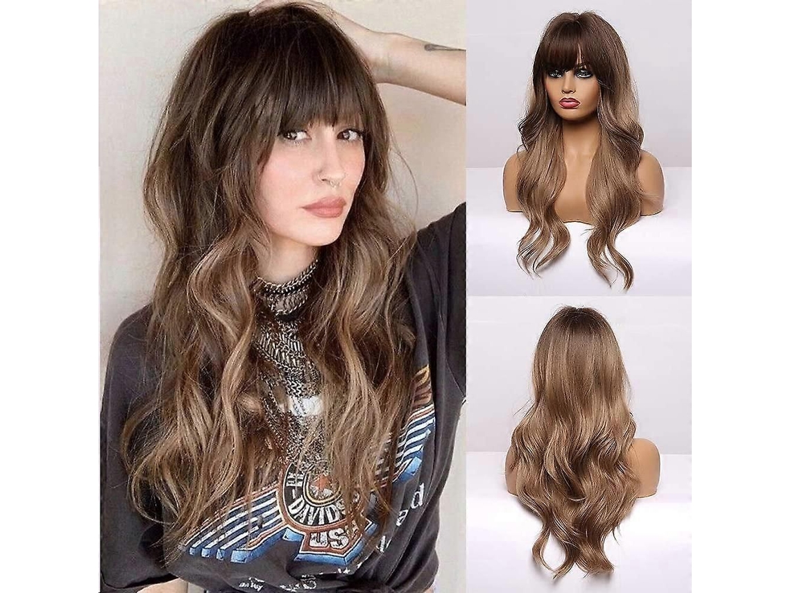 Peluca ombré con flequillo, rubia oscura, peluca larga ondulada, pelucas TAISHENGDA