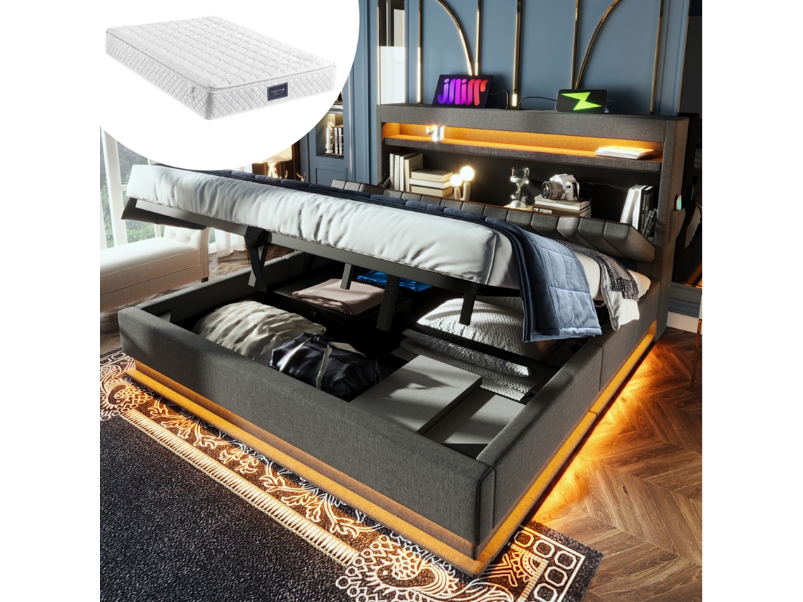 Cama tapizada de 160 x 200 cm con cabecero USB-C, LED, cama hidráulica gris con almacenaje, lino Mobrio (con colchón)