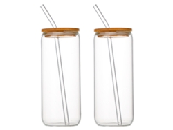 2 vasos reutilizables de vidrio borosilicato de 500ml con pajita y tapa de bambú RNEMITERY