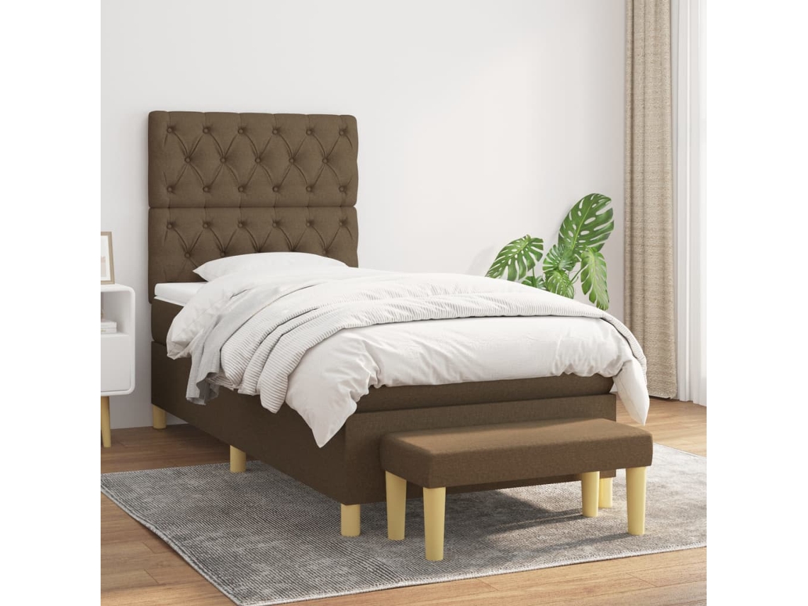 Cama Box Spring Con Colchón Tela Marrón Oscuro 80x200 Cm