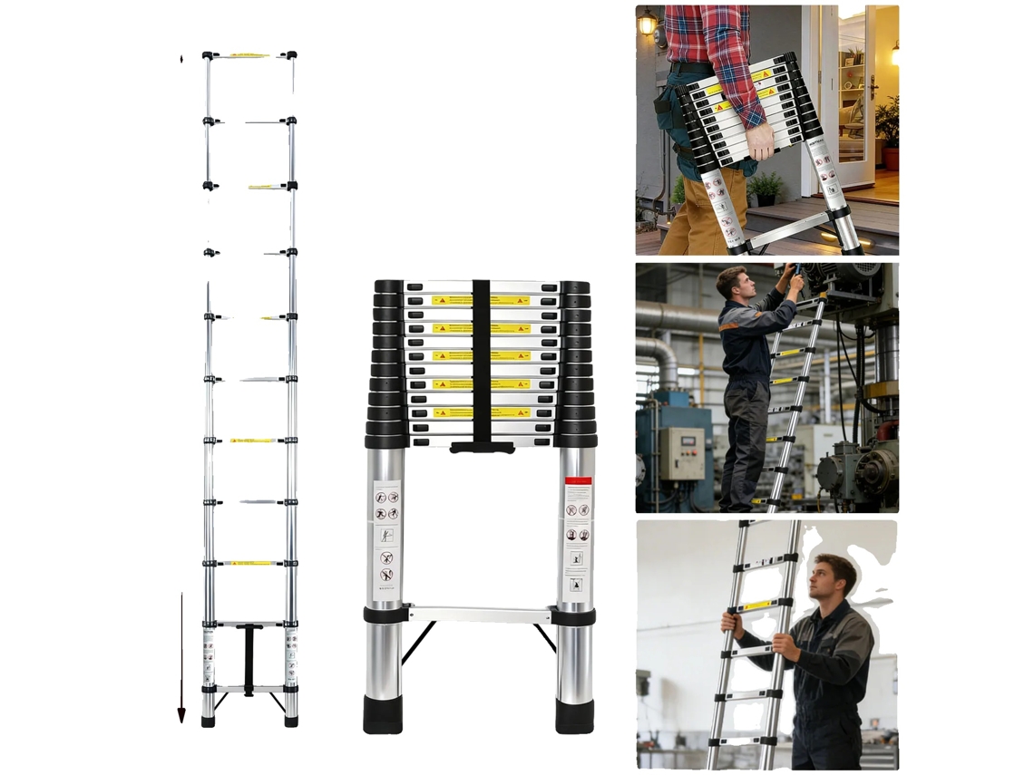 Escalera telescópica de acero inoxidable, con capacidad de carga de 150 kg, 3,8 m de longitud, sin ganchos.