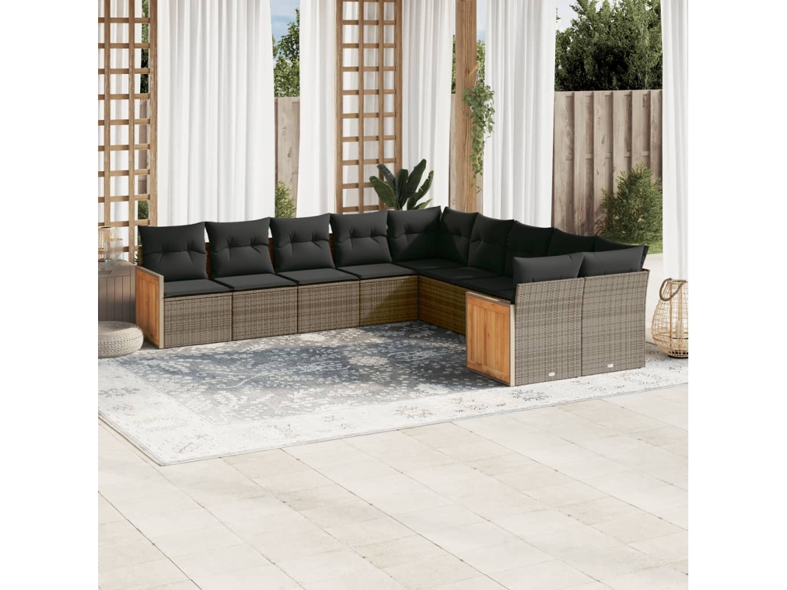 Conjunto de sofá de jardín de 10 piezas con cojines, ratán gris, DKD Home Decor