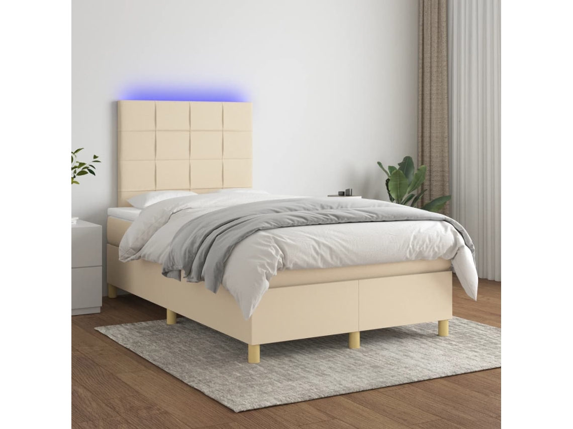 Cama Box Spring Con Colchón Y Led Tela Crema 120x200 Cm