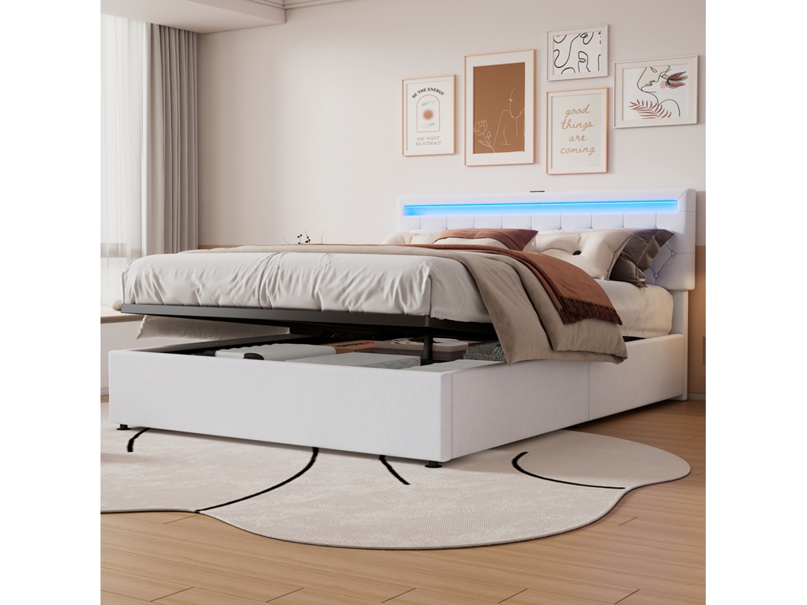 Cama 160x200 Cm Con Led, Usb-c, Almacenamiento Hidráulico, Gran Capacidad, Blanca.