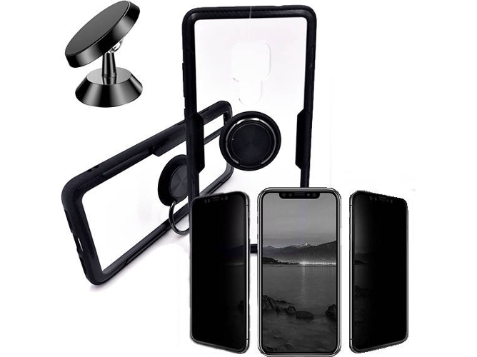Kit Carcasa, Protector Privacy y Soporte Magnetico Auto Huawei Mate 20 Clear Armor Negro