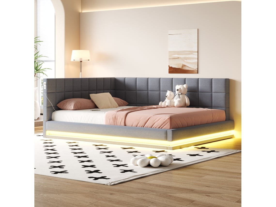 Sofá Cama De Lino Gris De 160x200 Cm Con Base De Láminas, Iluminación Led Y Usb.