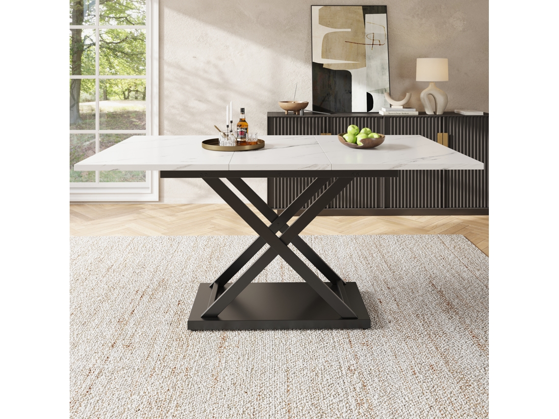 Mesa de comedor retráctil de MDF y metal con tablero efecto mármol blanco
