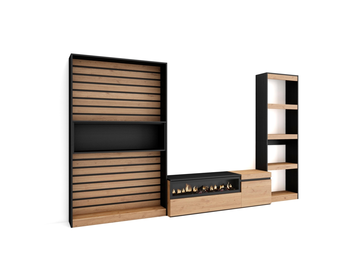 Muebles de Salón para TV 320x186x35cm Chimenea eléctrica Roble y negro