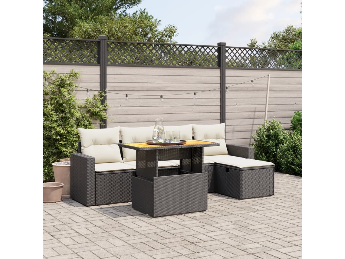 Conjunto de sofá de jardín de 6 piezas con cojines, mimbre sintético negro, DKD Home Decor