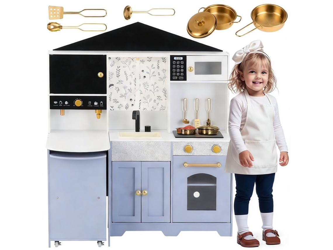 Cocina Infantil Con Casita De Juegos Y Accesorios Sorpresa, Para Niños De 3 Años, Fabricada En Madera Y Plástico, Color Blanco Y Morado, 60x90x105cm.