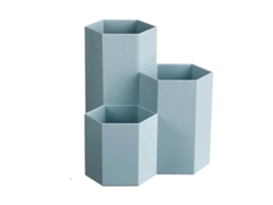 Portalápices hexagonal de 3 compartimentos para maquillaje de oficina, color azul