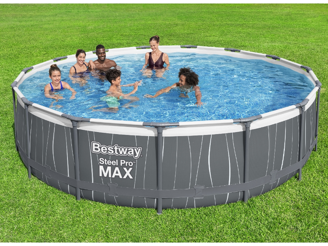 Piscina Desmontable BESTWAY Steel Pro Max Ø457X107 Cm con Depuradora de Cartucho 3.028 L/H Luz Led Escalera y Cobertura
