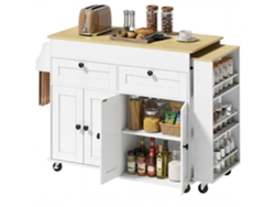 Isla de cocina con encimera extensible, carrito con ruedas, 2 cajones, 4 puertas, blanca | Sin marca