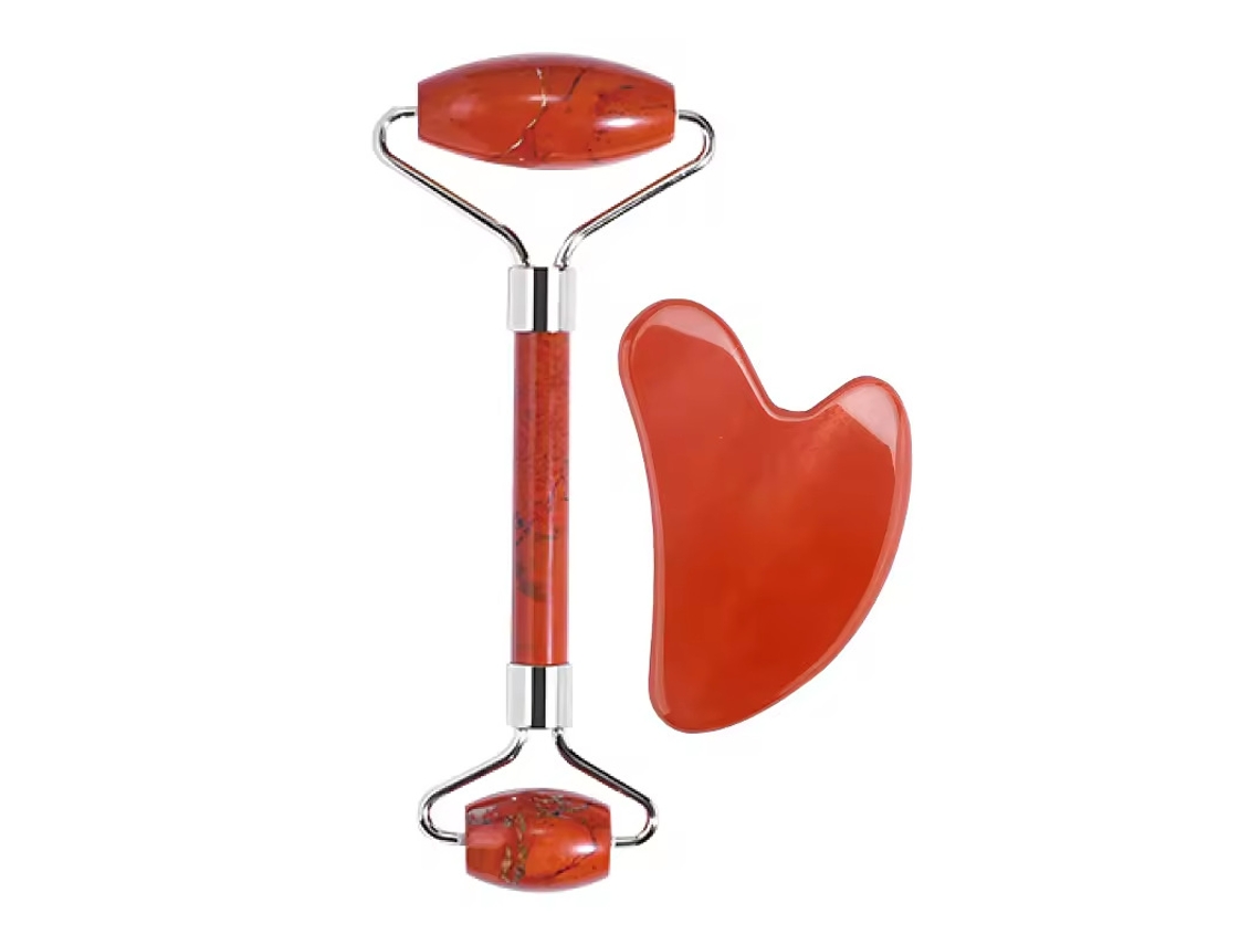 Set de rodillos de masaje facial de jade, reduce la hinchazón, apto para hombres y mujeres, rojo PANOONA