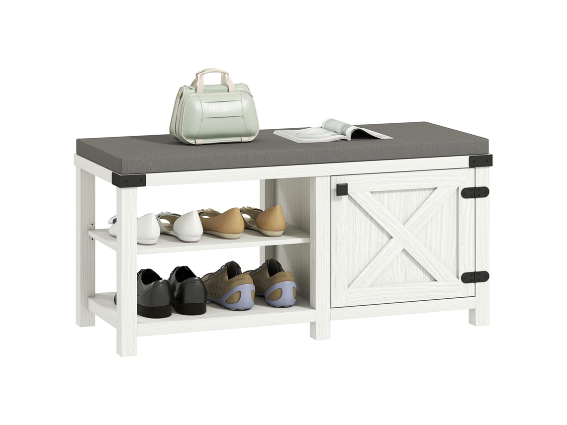 Banco zapatero rústico, organizador de zapatos con compartimentos para 7 pares de zapatos, 100x40x48 cm, blanco con vetas grises.