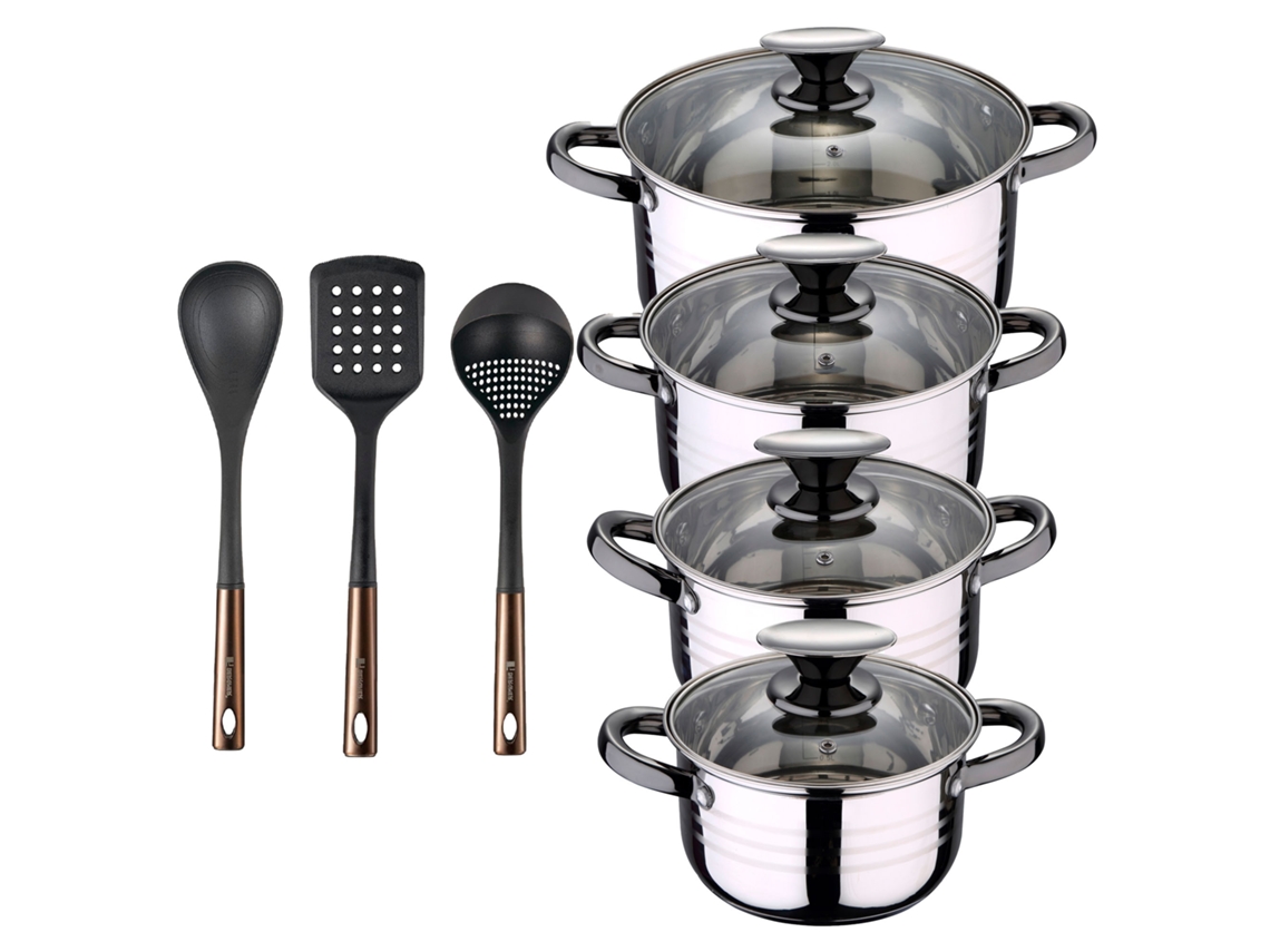 Batería De Cocina Ø16ø18ø20ø24 Cm De Acero Inoxidable Dina San Ignacio (8 Piezas) Con 3 Utensilios