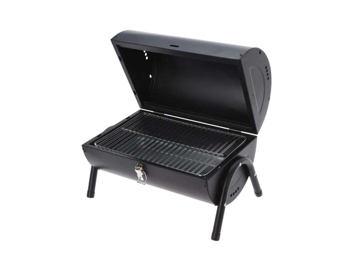 Parrilla cilíndrica de metal en negro mate con mango de madera y patas de metal. Wellhome